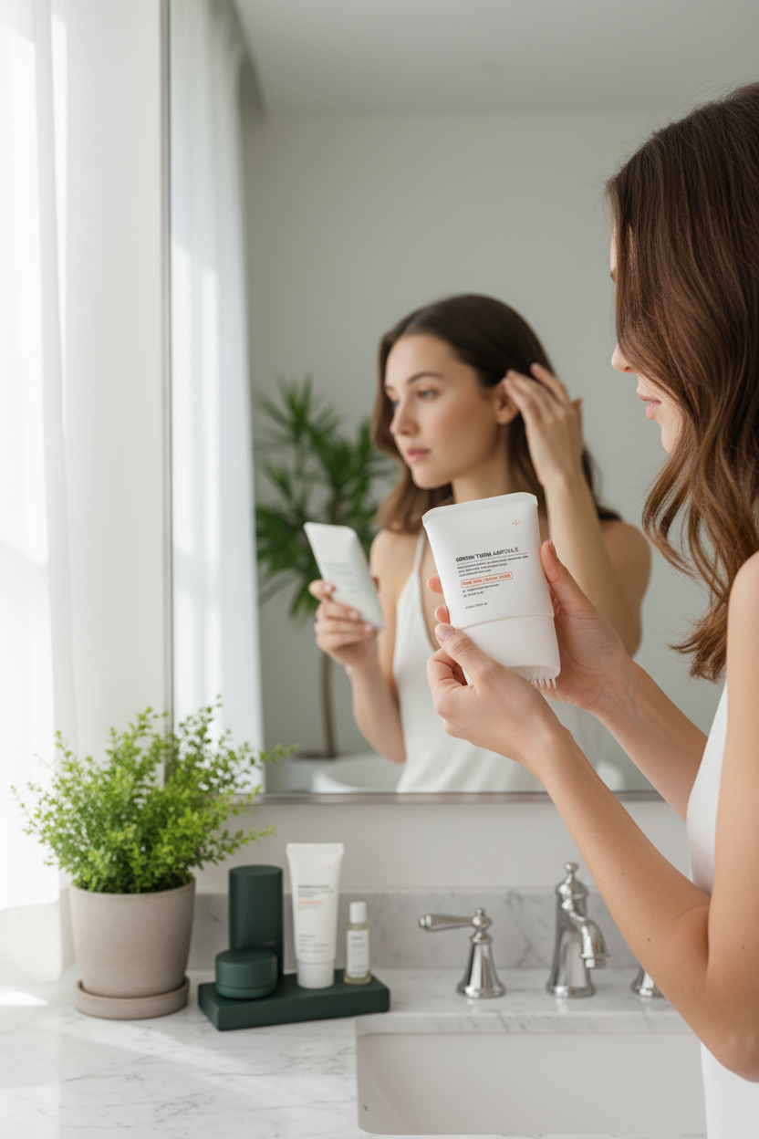 Girl holding product in spa bathroom